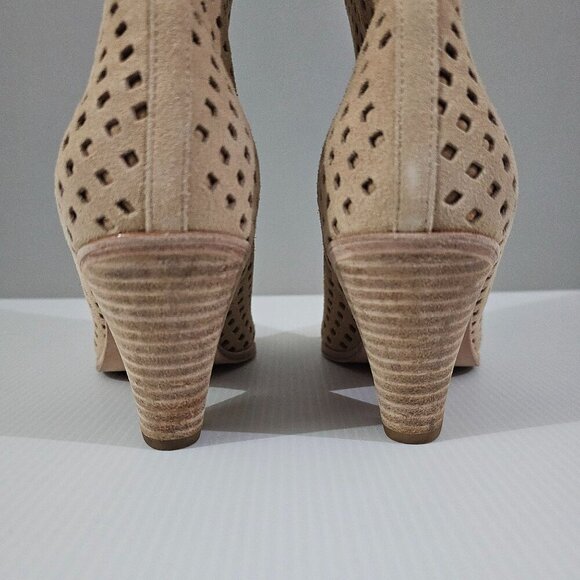 NEW Paige Layla Mid Calf Boot Womens 7 Tan Suede Perforated Pointed Toe Heeled - Picture 6 of 12